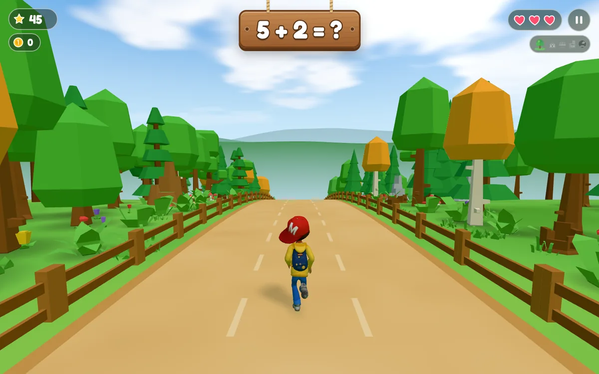 Actual gameplay: Max in a red cap and yellow hoodie runs down a forest road in bright, blocky 3D, under a wooden sign with a sum.