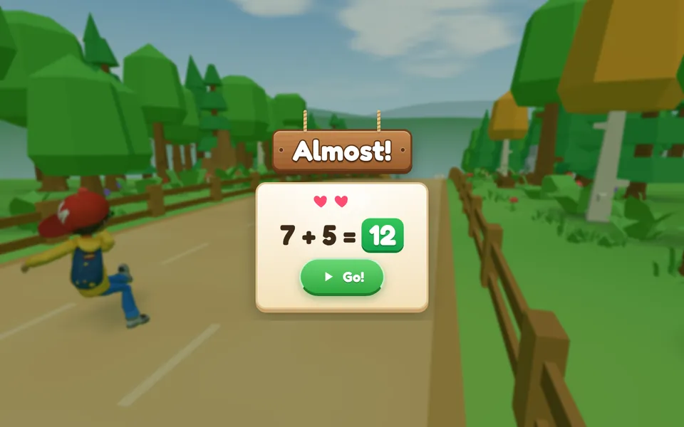 An “Almost!” sign with the sum and its right answer and a Go button, while Max picks himself up.
