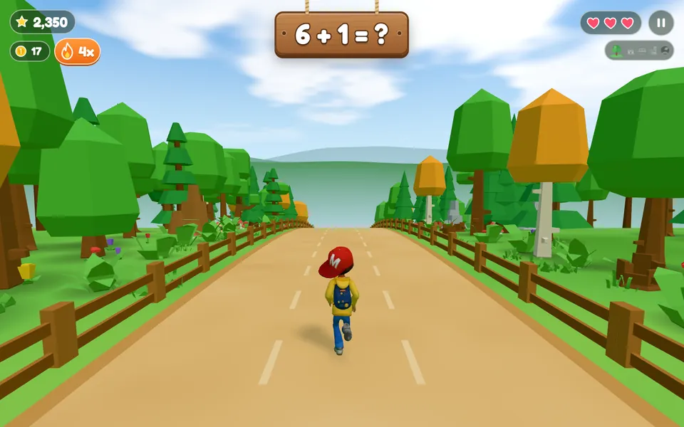 A wooden sign with a sum hangs above the forest path while Max runs.