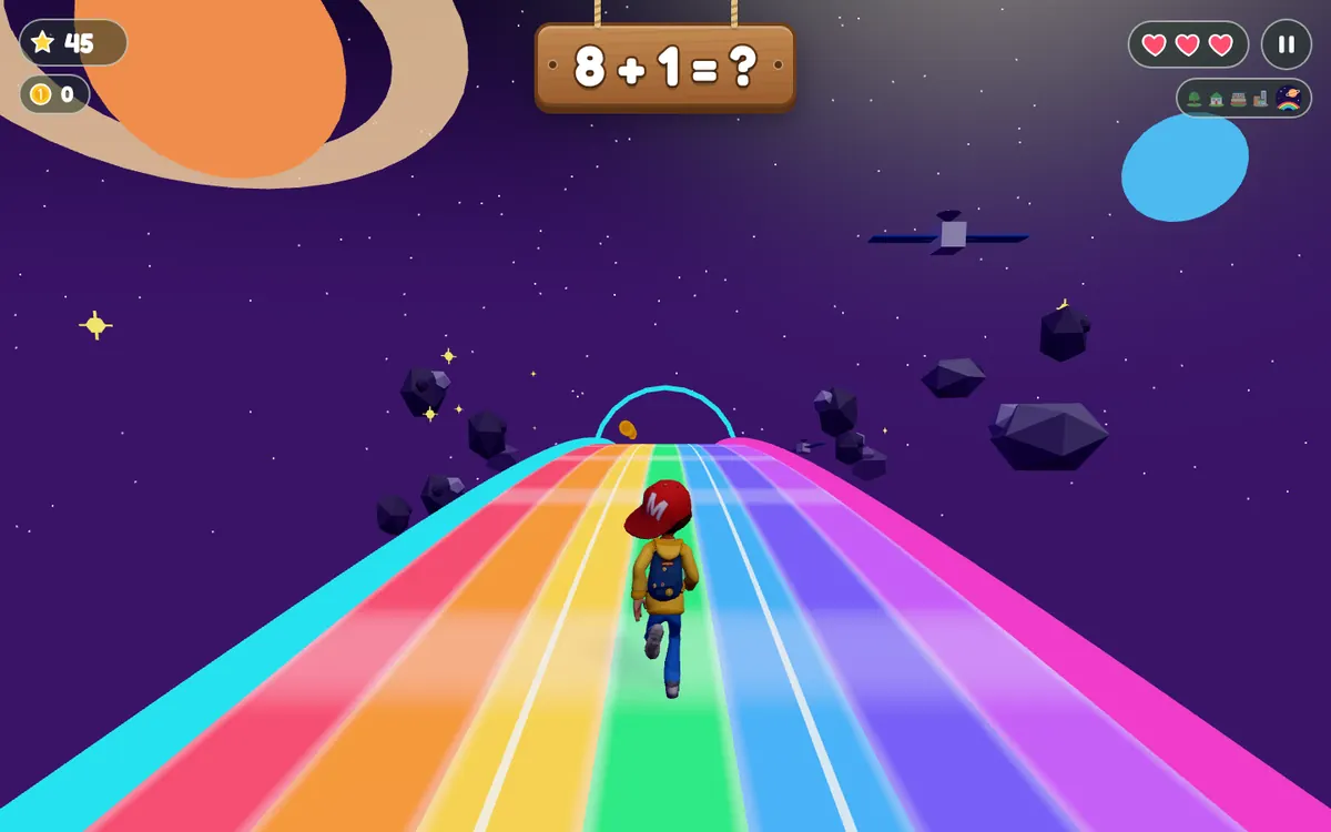 The Space world: a rainbow road floating between planets and stars.