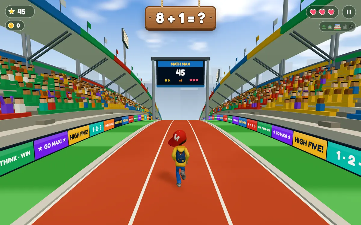 The Stadium world: a red running track between full stands and a scoreboard.