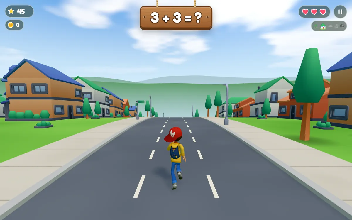 Max runs down the middle lane of a suburban street, with the score, coins and hearts at the top.